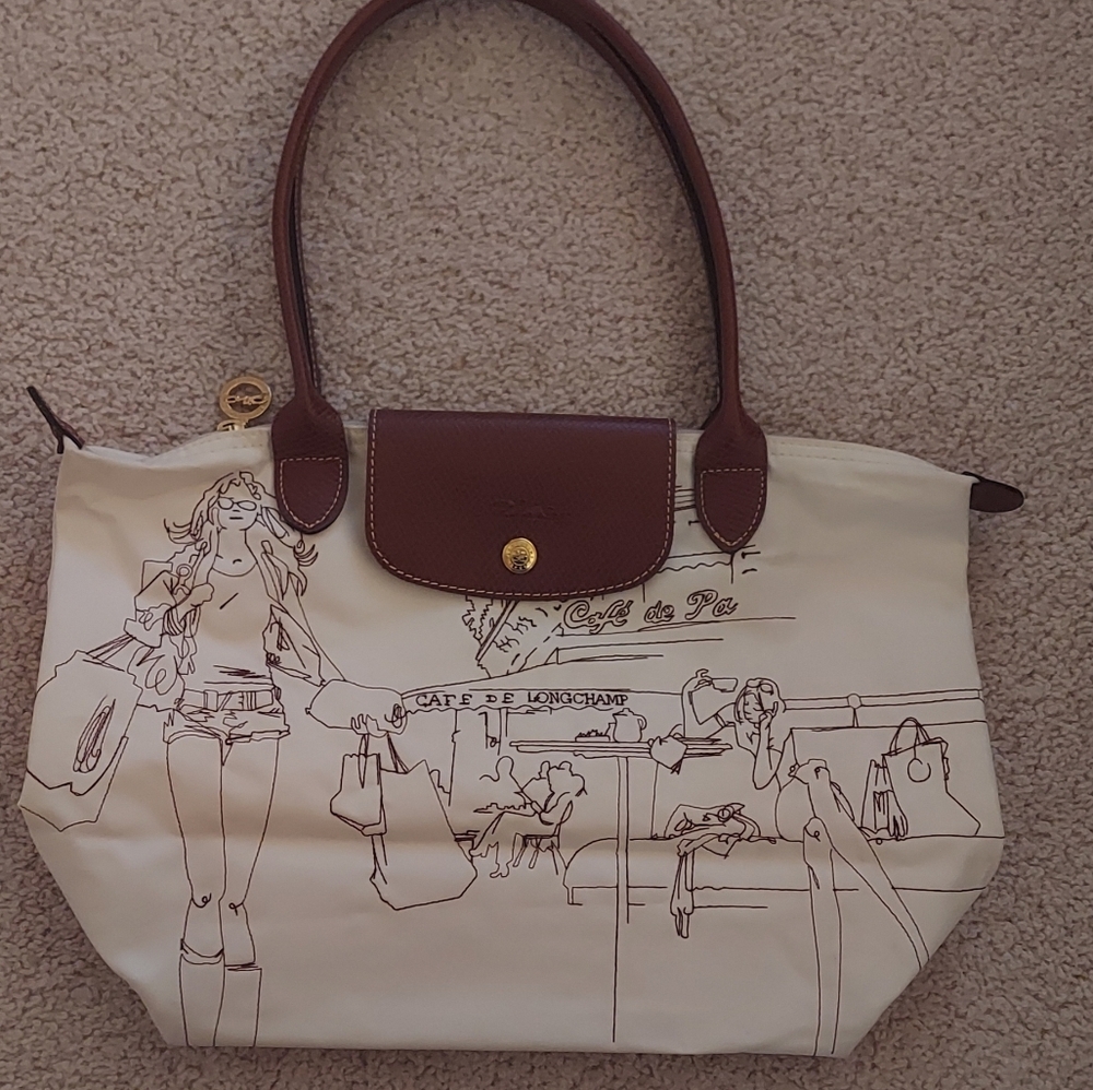 Longchamp Le Pliage Cream/Off White Tote with Brown Trim